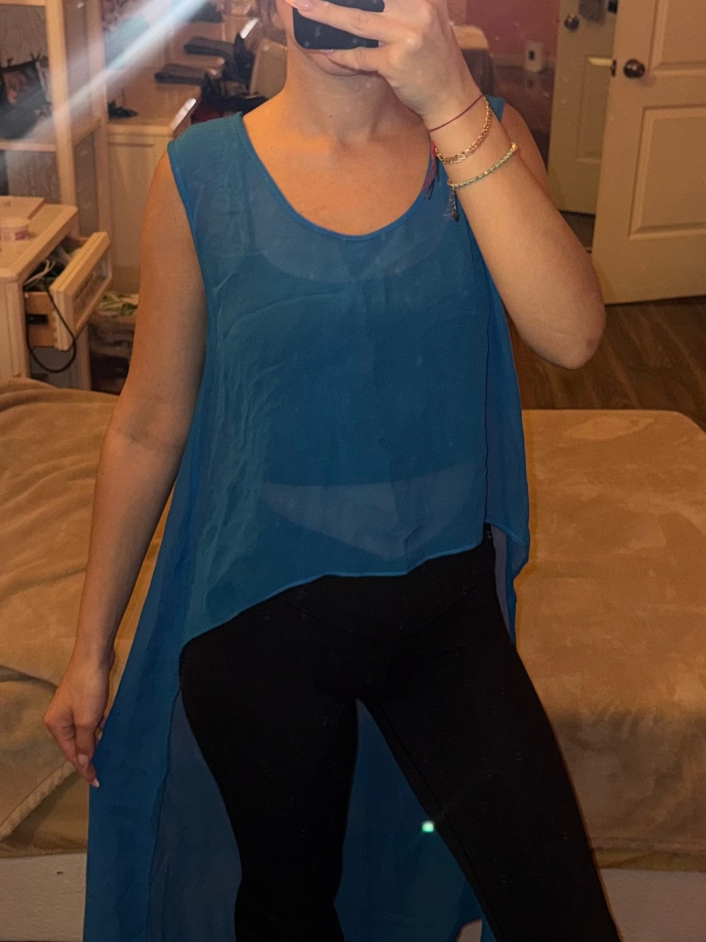 SMITH Teal-Blue Sheer High-Low Sleeveless Tunic